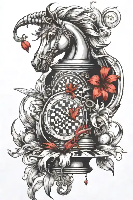 Create Tattoo For Biceps Which Includes Chess Knight Coin And Red Lily With The Flow For Full Arm