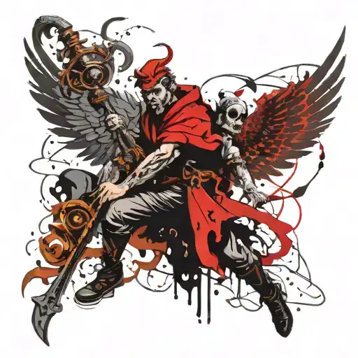 Stylized Archangel Lucifer Controls A Creepy Jester In A Red Cap With Bells