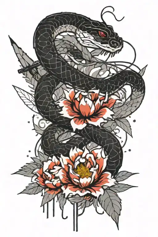 Black And White Snake Intertwines A Split Japanese Sword Among Peonies With Leaves
