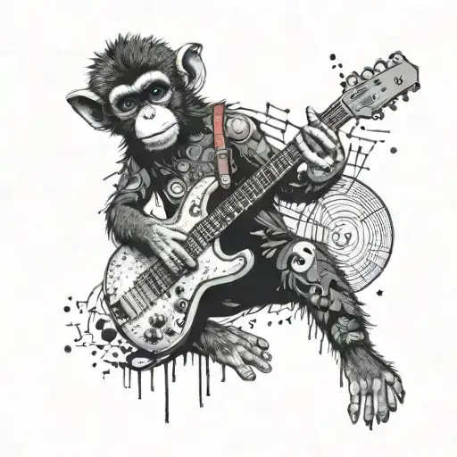 Design A Dotwork Tattoo Of A Wood Monkey Playing A Guitar Under A Moonlit Sky
