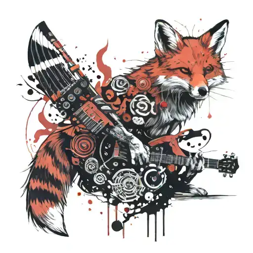 A Fox Playing A Traditional Japanese Instrument Surrounded By Eerie Horror Movie Symbols