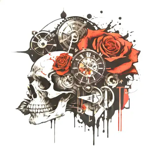 Skull And Rose And Clock