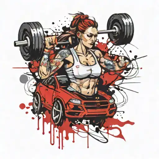 A Tattoo Of A Weightlifting Nurse Lifting A Car In A Stylized Art Style