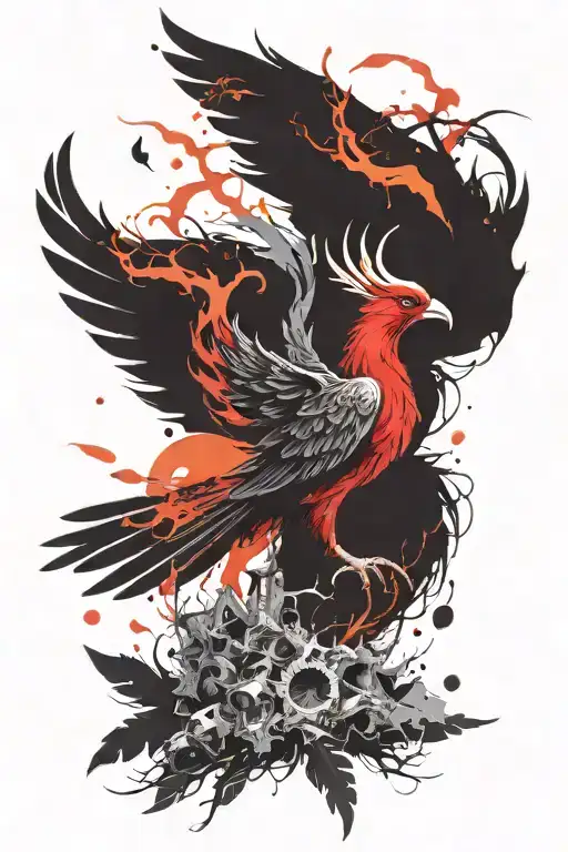 Phoenix Rising From Flames In A Tree Branches Stretching Towards