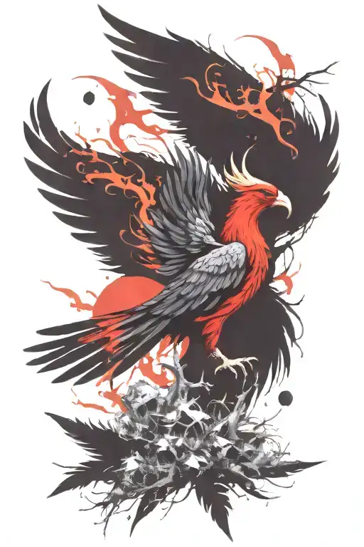 Phoenix Rising From Flames In A Tree Branches Stretching Towards