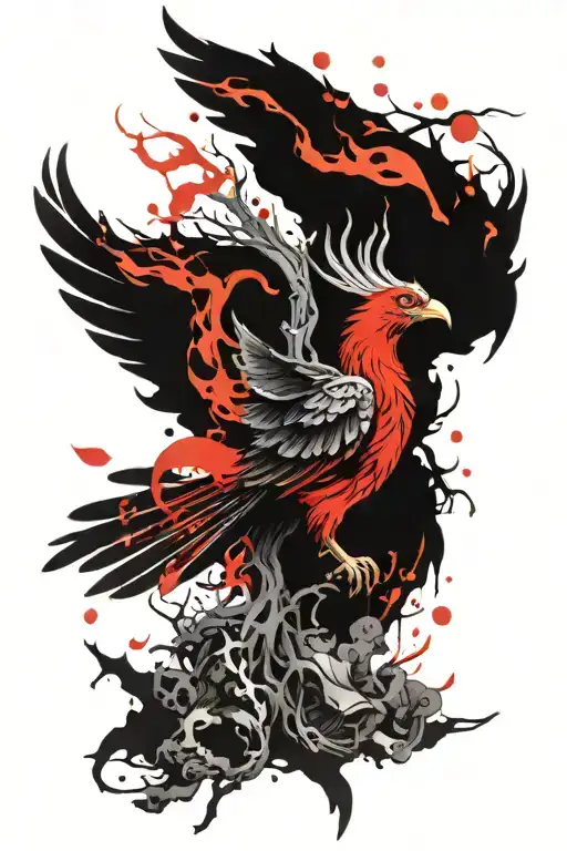 Phoenix Rising From Flames In A Tree Branches Stretching Towards