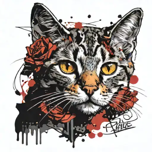 Face Of A Torbie Cat With Closed Gothic Roses Surrounding