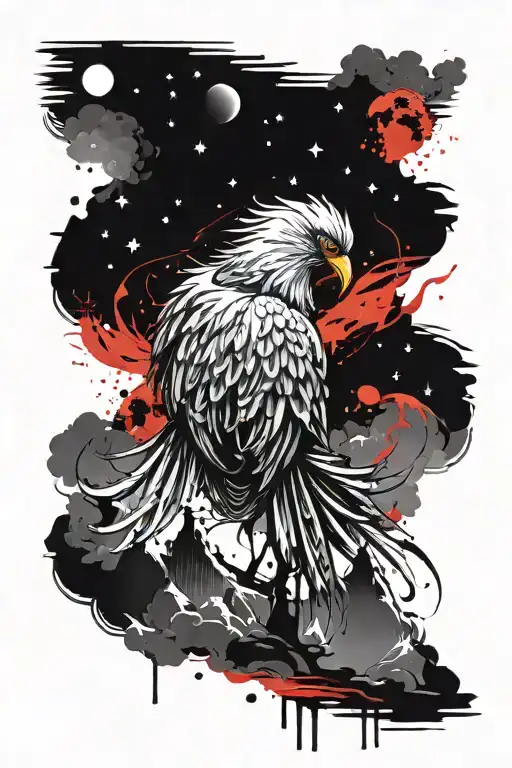 Pheonix Rising With Moon And Stars Above Its Head With Mountains