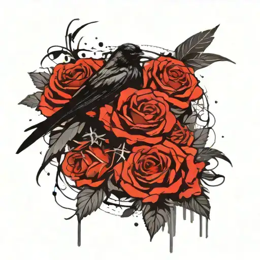 Raven Surrounded By Skulls And Roses