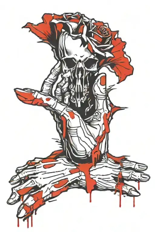 Bone Hand Holding Dying Rose Over A Bloody Palm Print