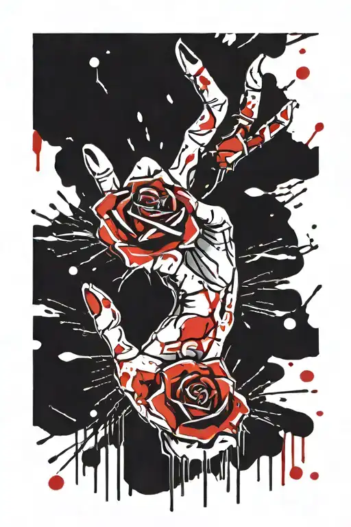 Bloody Palm Print With Bone Hand Holding A Rose With Pedals Falling Off