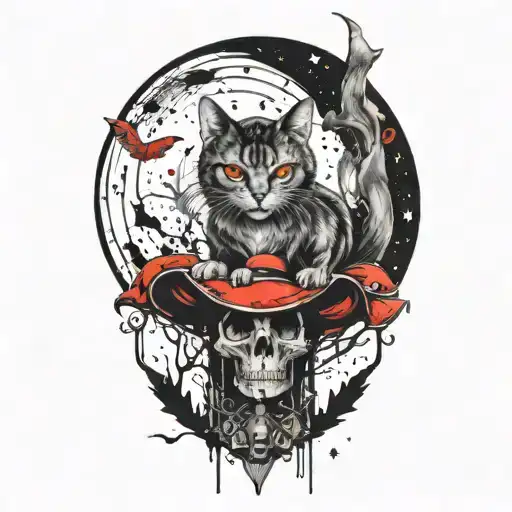 Witch Cat And Moon And Mushrooms