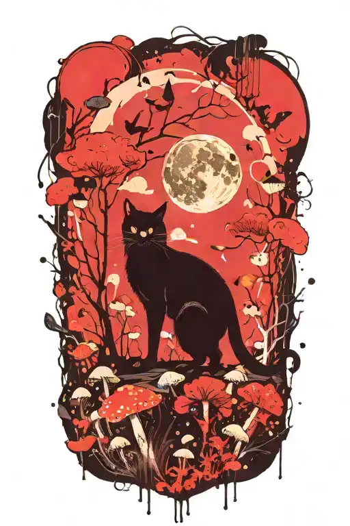 Moon With Black Cat And Colorful Mushrooms