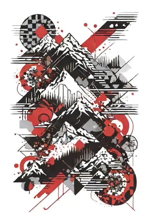 Mountain Range With Rivers And Geometric Shapes