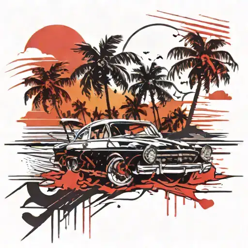 Car On The Beach Sunset With Palm Trees