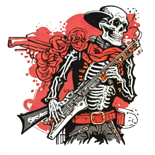Mariachi Skeleton Wearing A Bandolier Holding A Gun