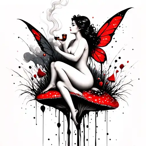 Nude Women Fairy On A Mushroom Forest Smoking A Pipe