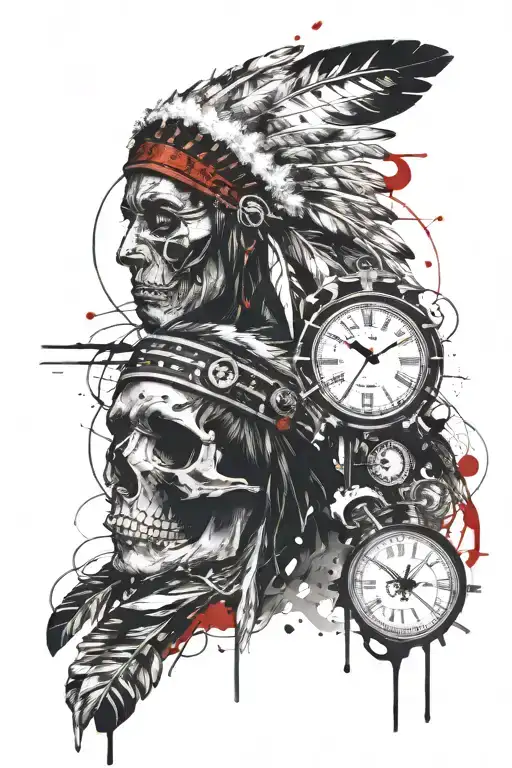 Native American With Skull And Clock