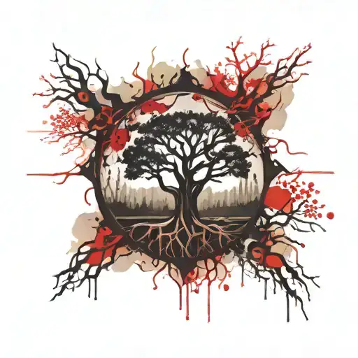 Nordic Ash Tree Yggdrasil In Center Forest In Background