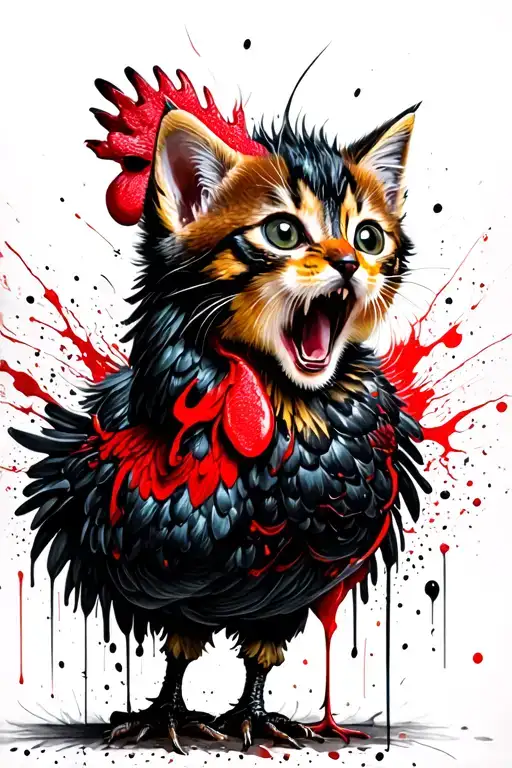 A Kitten Frightened By The Storm Rides An Angry Black Hen