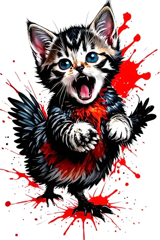 A Kitten Frightened By The Storm Rides An Angry Black Hen Dancing In The Farmyard