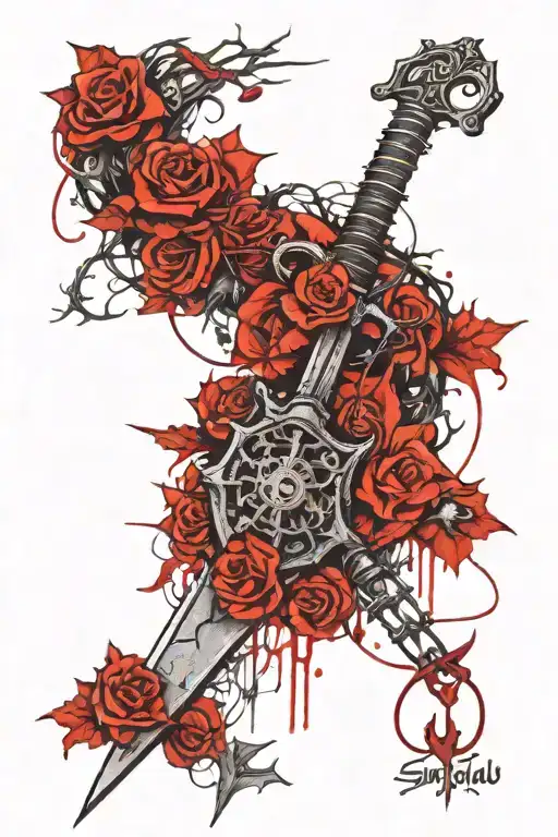 Vines With Thorns Wrapped Around A Sword With A Lock And Key