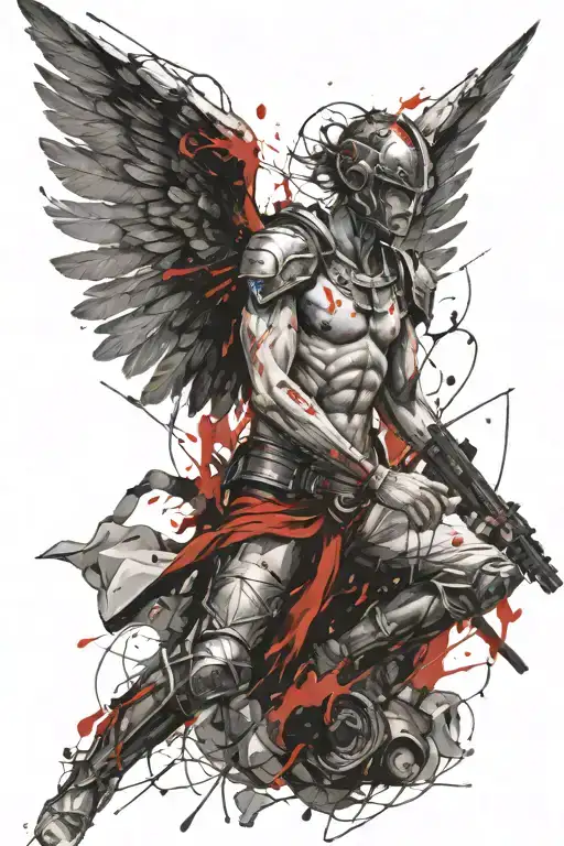 Generate A Tattoo Of A Warrior Angel Emerging From The Ashes Of Another