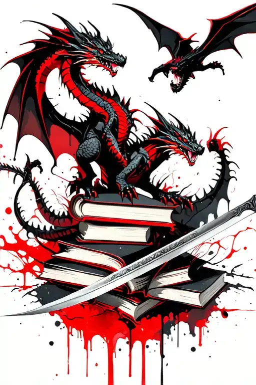 Dragons Flying With Books And A Sword