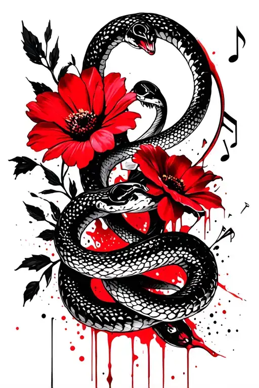 Snakes And Music Note Intertwined With Flowers