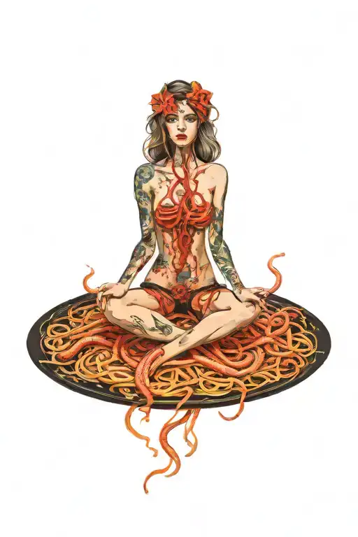 A Woman Riding A Flying Spaghetti Monster Smoking Weed