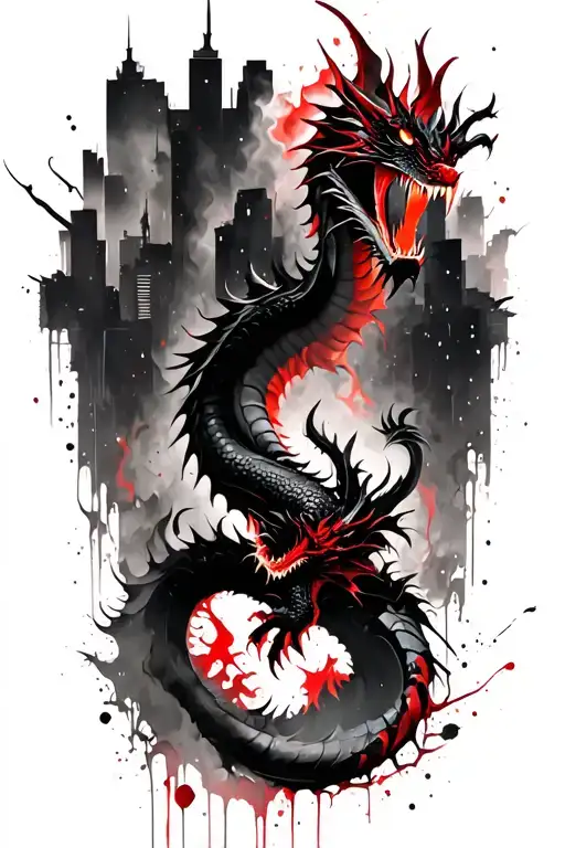 City On Fire In The Background Behind Black And Red Dragon