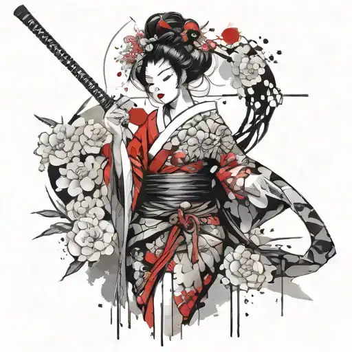 Geisha With Samurai Sword Sheathed One Unsheathed