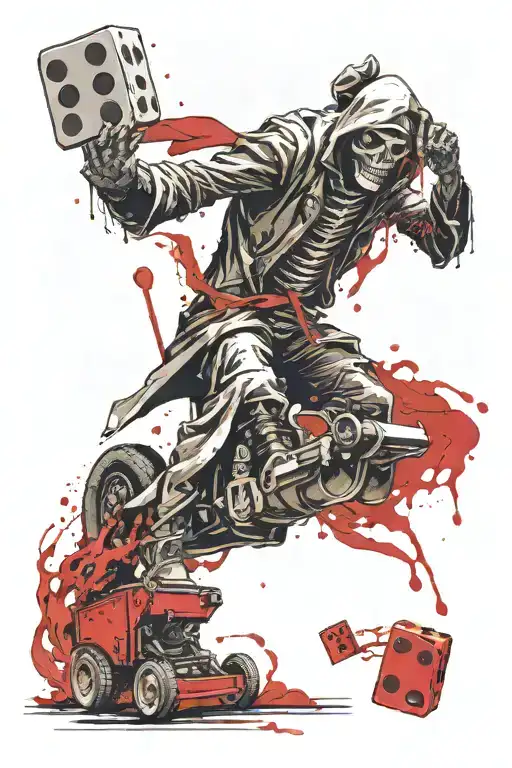 Grim Reaper Rolling Dice Onto A 2 Lane Highway Bouncing Over An Asphalt Paver And Steam Roller