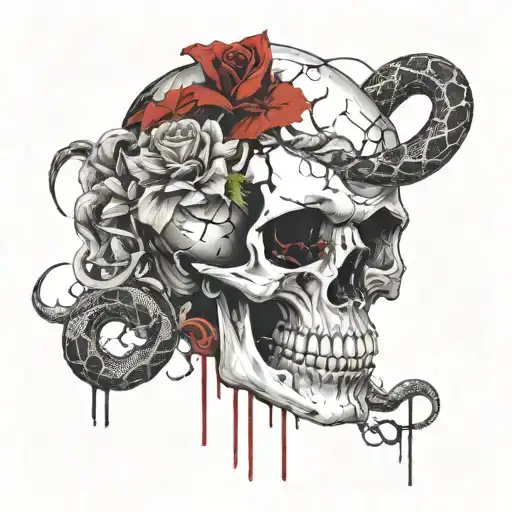 Skull With Snake Slithering And A Flower Blooming