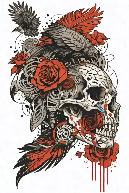 Bison Skull And Quetzal Bird Flying Towards