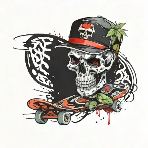 Skull Wearing Backwards Hat With A Skateboard And Potleaf