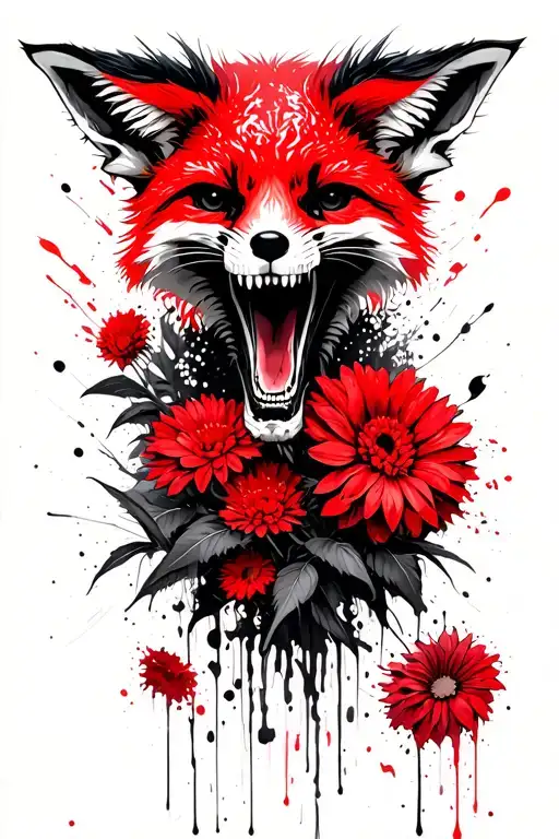 Aggressive Fox Half-skeleton In Chrysanthemums