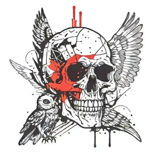 Skull With Red Eyes Against The Background Of Ravens And Ink Faces