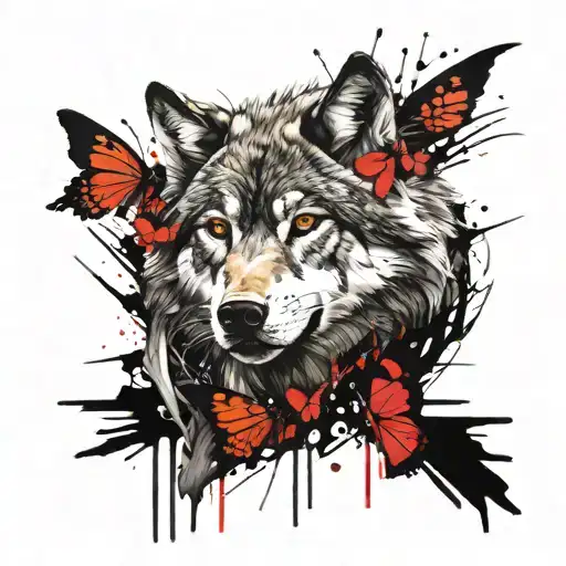Wolf Tattoo With Dragonflies And A Single Butterfly