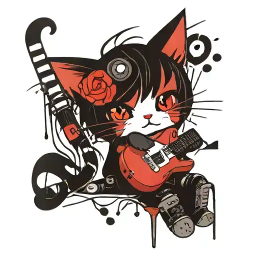 An Elegant Blackwork Tattoo Of A Cute Anime Kitty Holding A Tiny Guitar