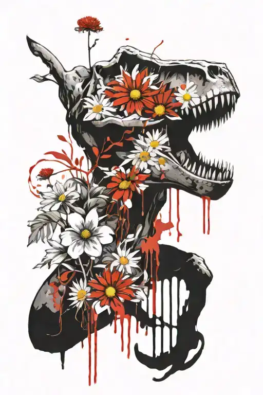 T-rex Skull In Daisy Bouquet
