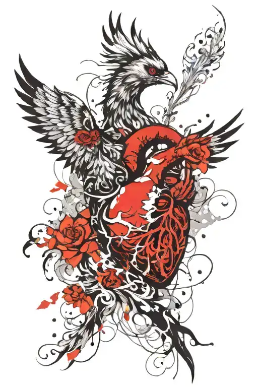 Pheonix Rising From Fire Holding An Anatomical Heart In Talons