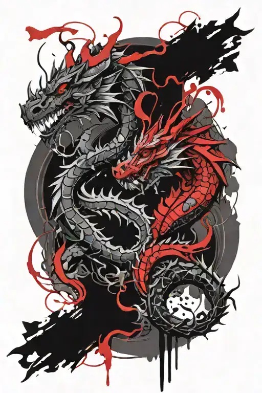 Two Dragons In Red And Black