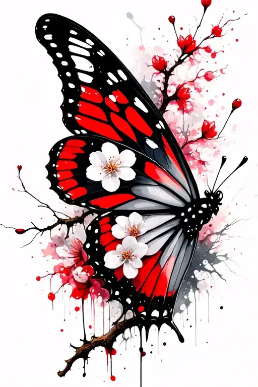 Butterfly With Cherry Blossom Tree Branch