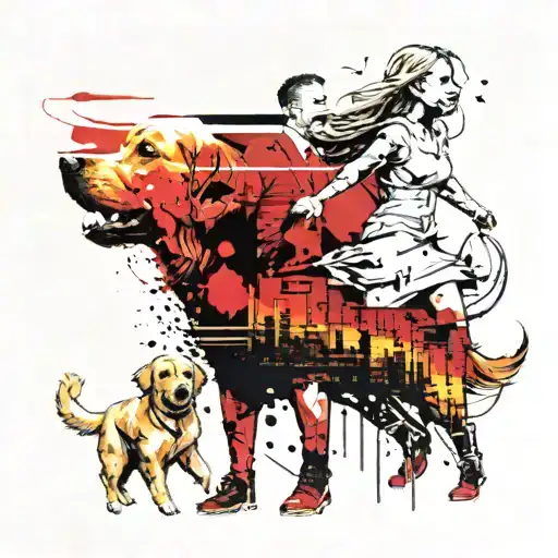 Family With One Daughter And A Golden Retriever Looking To Sunset