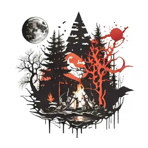 Moon Shining Over Campfire Surrounded By Ghoulish Trees