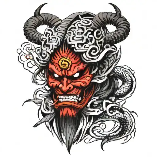 Japanese Oni Mask With A Snake