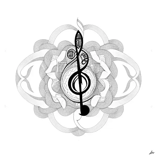 A Blackwork Tattoo Of A Treble Clef Symbol Merging Into A Mandala Pattern