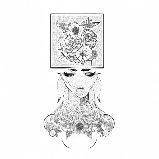 Black Ink Tattoo Of A Body Girl In Shirt With His Head Made Of Flowers