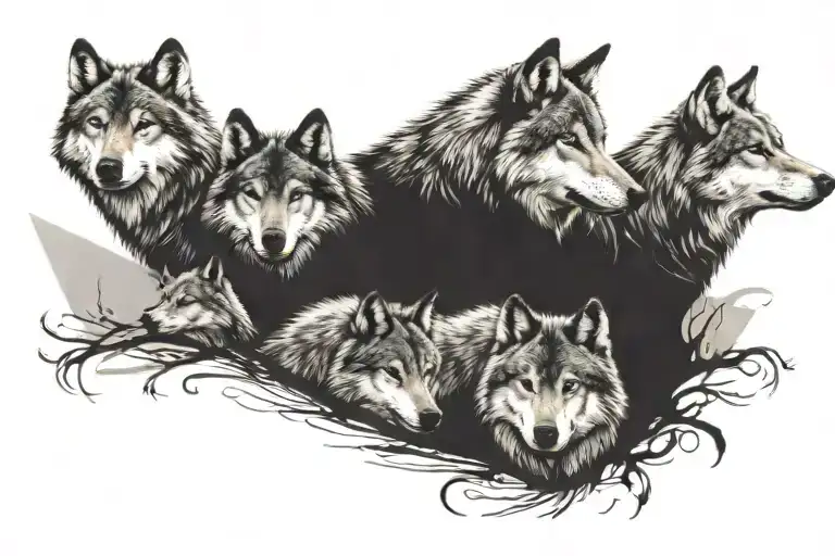 A Tattoo Design Featuring 5 Wolves Symbolizing Your 5 Kids And Their Strength As A Unit